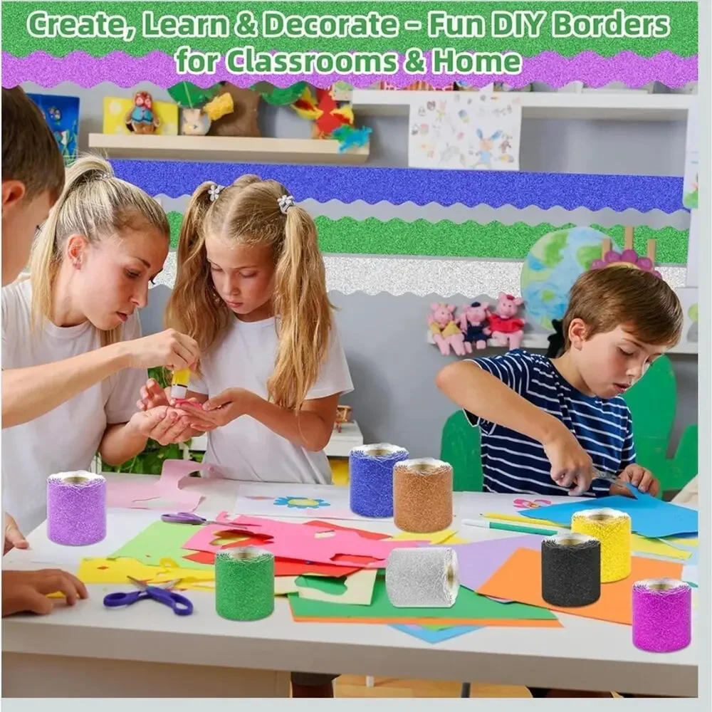 8 Rolls 262.4 Ft Glitter Bulletin Board Borders Colorful Scalloped Trim s13